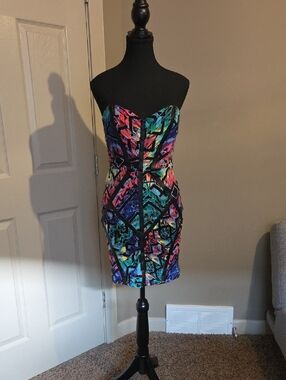 L'Amour Strapless Neon Multicolor Geometric Bandage Dress